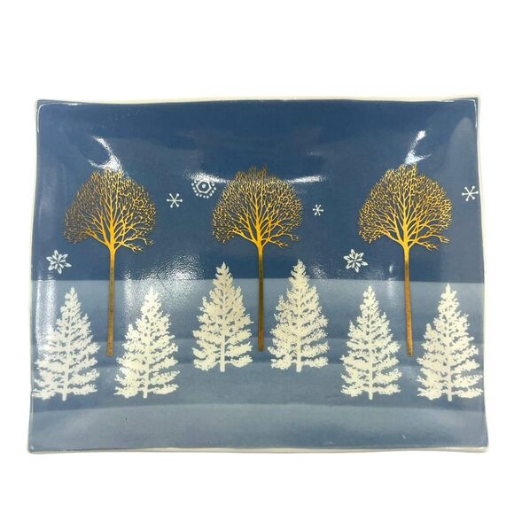 Vintage Andre Richard Blue Christmas Cup & Plate Set Snow Gold Trees Japan - Picture 8 of 10